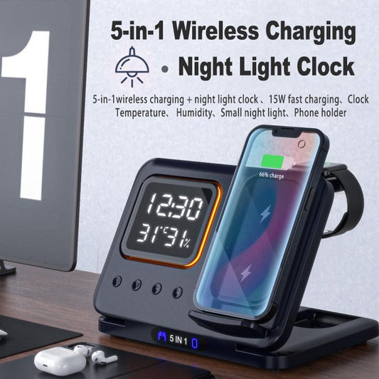 Încărcător Wireless 15W 5 în 1 cu Ceas Digital LED și Alarmă – Dock de Încărcare Rapidă