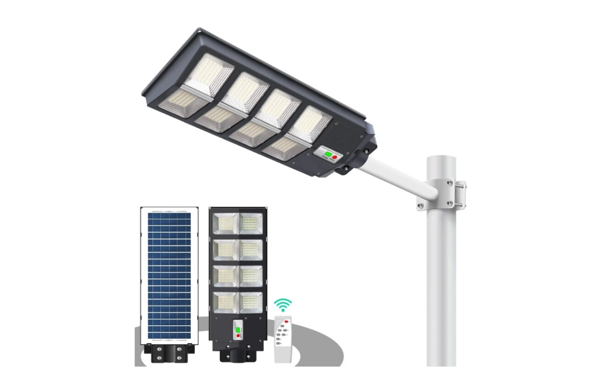 Lampa Solara Stradala Sau Gradina Cu Panou Solar Incorporat 500W, De Exterior / Stalp, Lumina Neutra, Control Din Telecomanda, Senzori Miscare si Lumina, Rezistenta la Apa